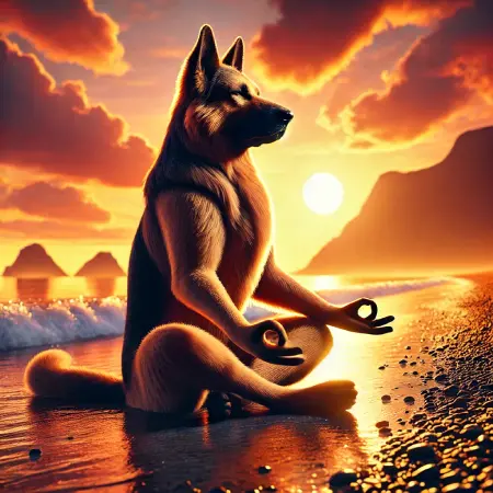 AI-generated image of a meditating dog on beach at sunset